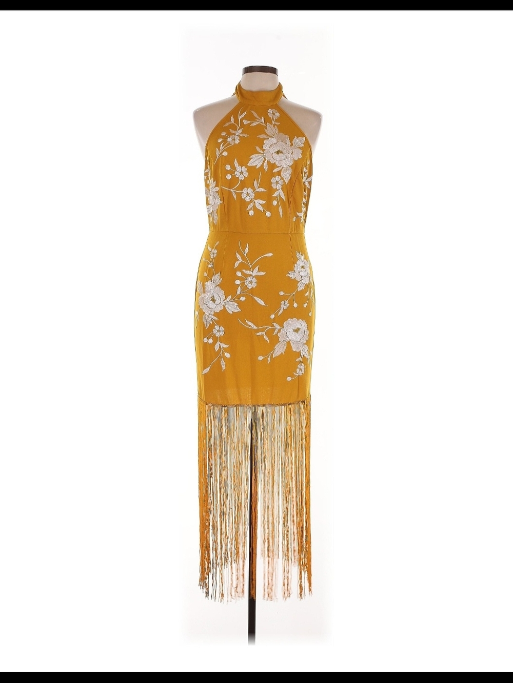 ASOS Mustard Halter Midi Dress with White Floral Embroidery and Fringe Trim